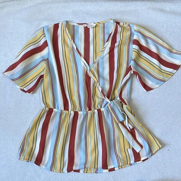 Pink Rose Retro 70s Vibe Faux Wrap Striped Peplum Blouse (Size: Large) - Picture 4 of 12
